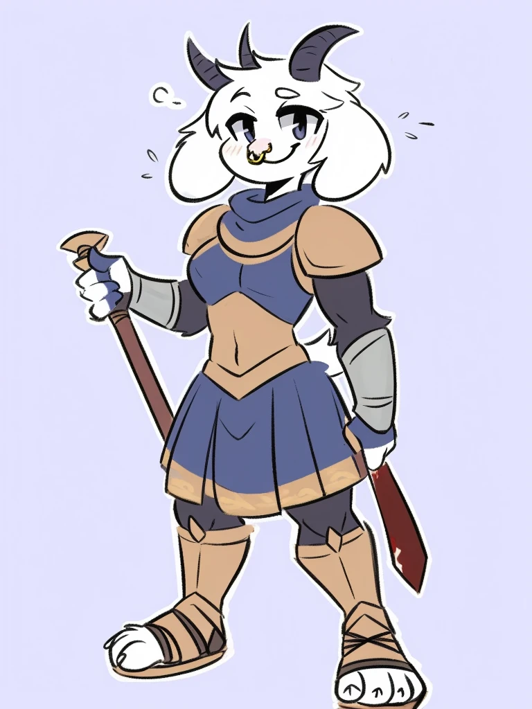 1girl, furry, furry_female, goat_ears, goat_girl, smile, solo, wearing armor, gladiator flat sandals, gladiator skirt, humanoid feet, holding sword, nose ring, septum piercing ring, facepaint, blood from mouth