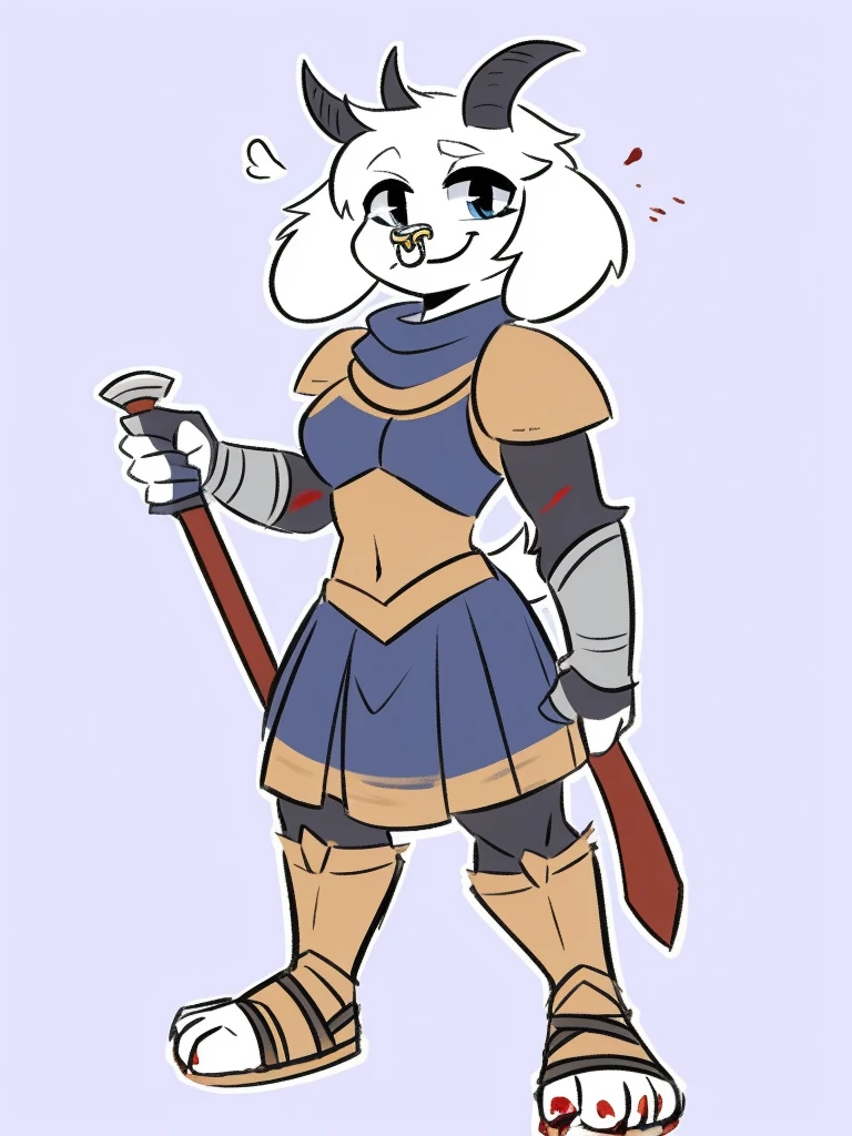 1girl, furry, furry_female, goat_ears, goat_girl, smile, solo, wearing armor, gladiator flat sandals, gladiator skirt, humanoid feet, holding sword, nose ring, septum piercing ring, facepaint, blood from mouth