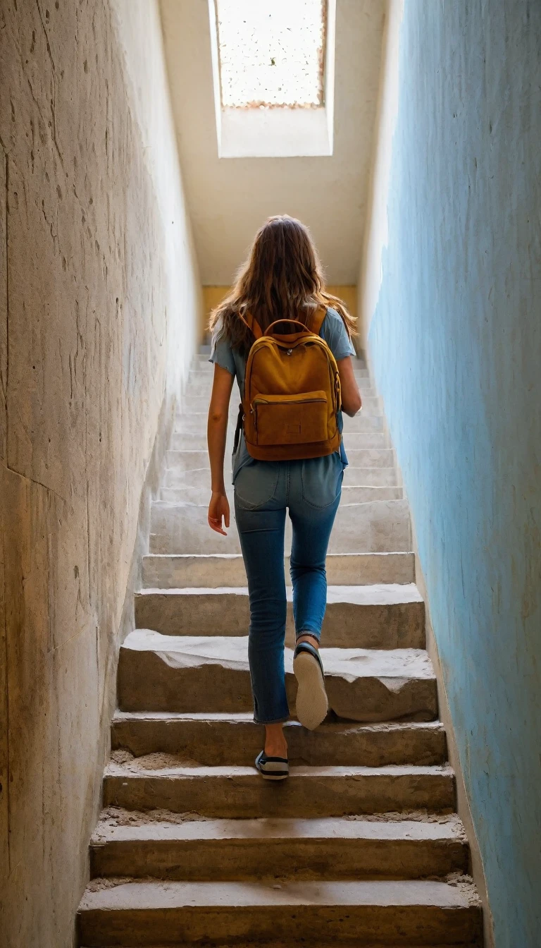 A female in her early 20s, with long brown hair and blue eyes, is walking down a long, concrete staircase, while looking at the camera. The stairs are covered in dust and cobwebs, and the woman's footsteps echo in the stairwell. The walls are bare, except for a few small windows that let in a faint light. The woman walks slowly and deliberately, her backpack slung over her shoulder.
