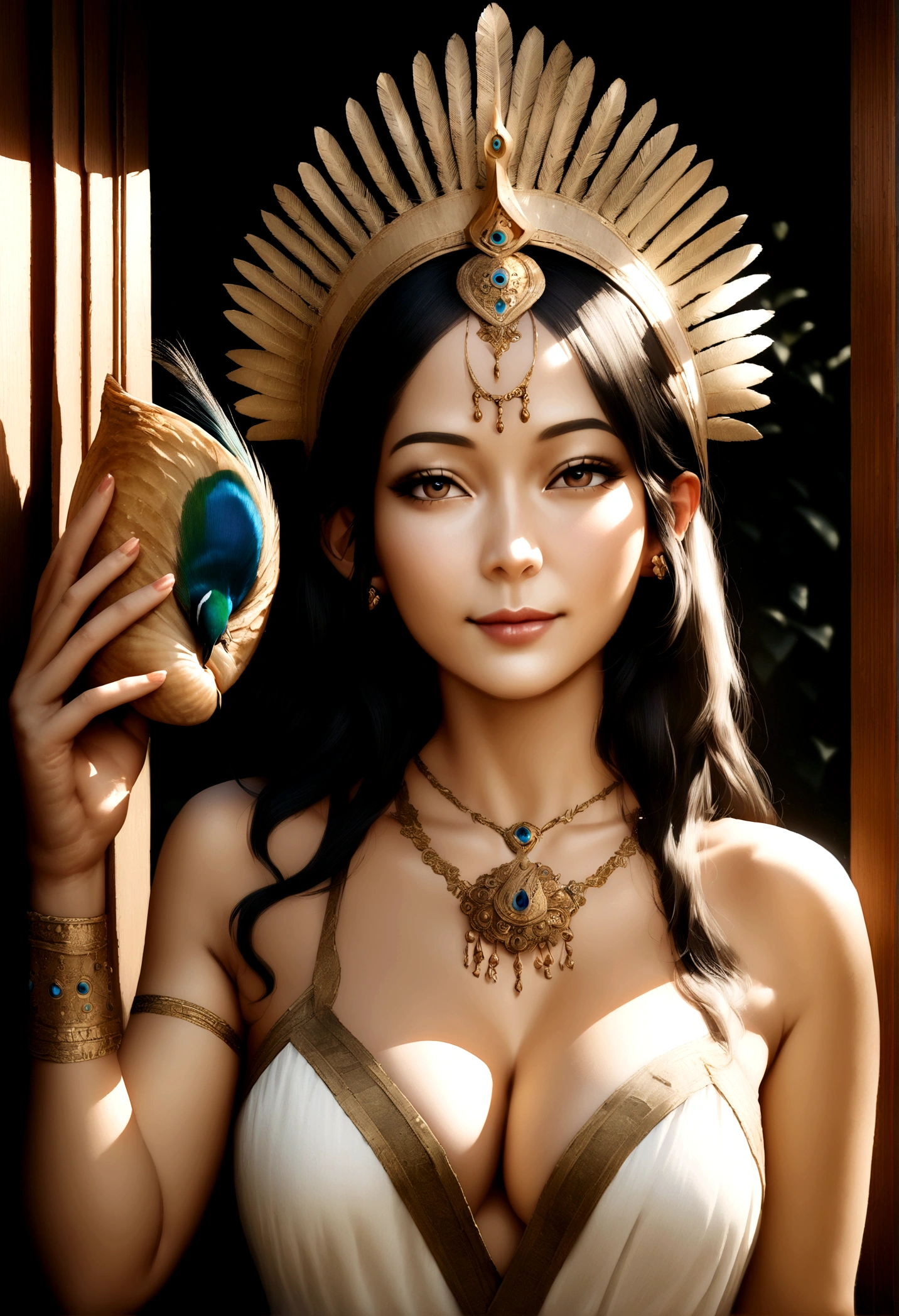 (Realistic:1.5),(raw photo:1.4), (photorealistic:1.3),(masterpiece), best quality, highest quality, extremely detailed CG unity 8k wallpaper, detailed and intricate, original,highres, [:(detailed face:1.2):0.2],film grain, Fujifilm XT3, (high detailed skin:0.9), 8k,(ulzzang-6500:0.9), balcony, , light smile, cleavage, detailed gradient background, full body, sunlight,slim body,beautiful dress,beautiful hand shape, full body,Lord Krishna, the divine prince and supreme guide, stands with graceful elegance, his dark complexion radiating an aura of wisdom and compassion. His piercing eyes shine like stars, filled with ancient knowledge and unconditional love. He wears a gentle smile, embodying his role as a mentor and friend. His iconic peacock feather adorns his head, symbolizing his divine nature. In his hands, he holds the sacred conch shell, representing his power to guide and protect. His presence exudes calmness, wisdom, and spiritual strength, inspiring those around him to embrace their true potential.

