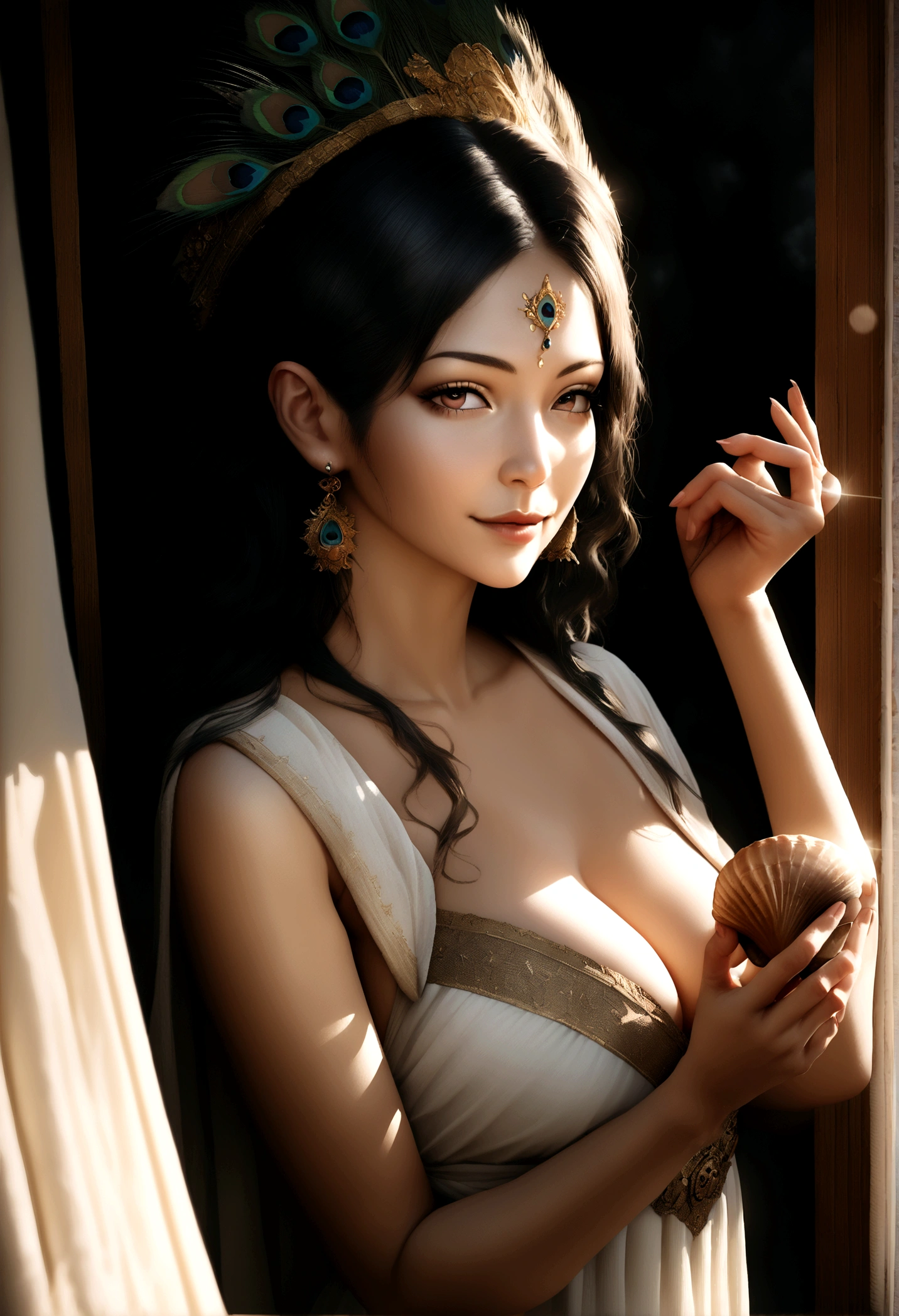 (Realistic:1.5),(raw photo:1.4), (photorealistic:1.3),(masterpiece), best quality, highest quality, extremely detailed CG unity 8k wallpaper, detailed and intricate, original,highres, [:(detailed face:1.2):0.2],film grain, Fujifilm XT3, (high detailed skin:0.9), 8k,(ulzzang-6500:0.9), balcony, , light smile, cleavage, detailed gradient background, full body, sunlight,slim body,beautiful dress,beautiful hand shape, full body,Lord Krishna, the divine prince and supreme guide, stands with graceful elegance, his dark complexion radiating an aura of wisdom and compassion. His piercing eyes shine like stars, filled with ancient knowledge and unconditional love. He wears a gentle smile, embodying his role as a mentor and friend. His iconic peacock feather adorns his head, symbolizing his divine nature. In his hands, he holds the sacred conch shell, representing his power to guide and protect. His presence exudes calmness, wisdom, and spiritual strength, inspiring those around him to embrace their true potential.

