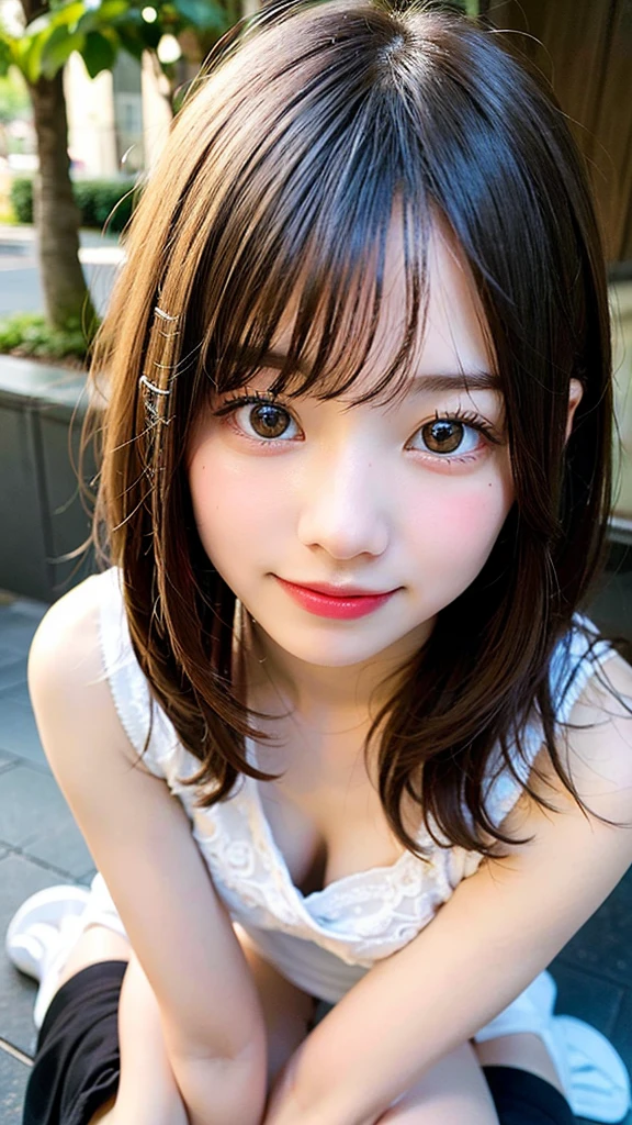 extremely detailed eyes and face, 1girls,20yo Japanese girls, wet bodies and skins,smile, happy, black hair, bangs,bob cut,detailed cute face and eyes, (round face:1.4),white skin,(8k, Super Hi-Res, Top Quality, Masterpiece: 1.2), (Photorealistic: 1.4), Super Detail, professional lighting,Lens Glow, depth of field,full body, ,white lace panties,whi-high sox,show panties,