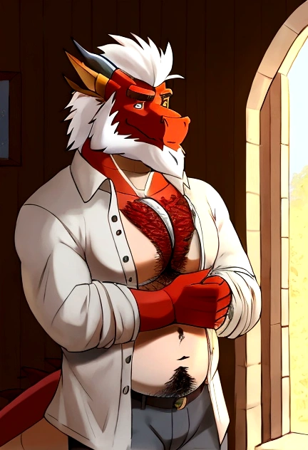 Old red dragón with beard and white hair, wearing an unbuttoned shirt showing his hairy belly on his chest