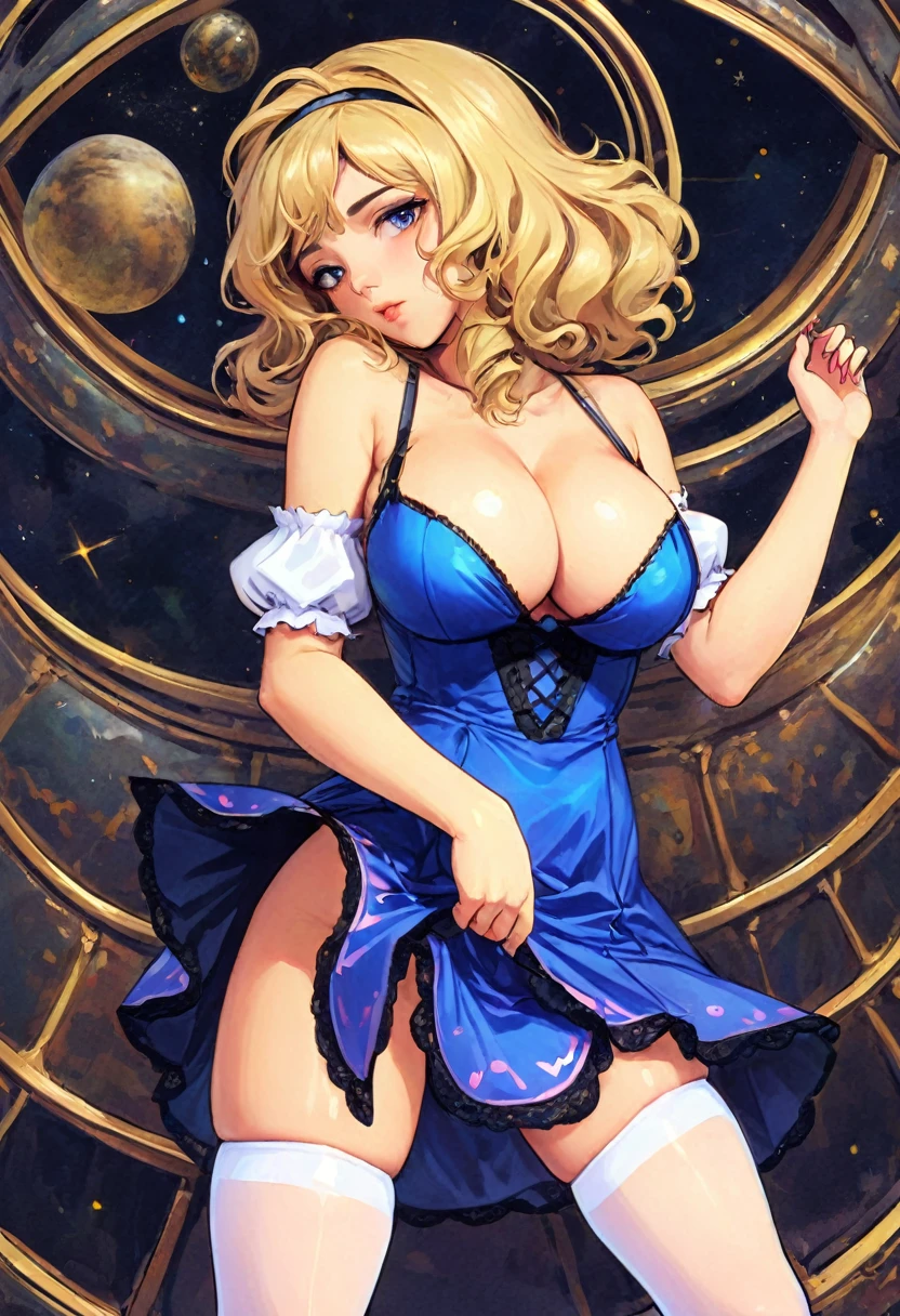 a beautiful 20 year old blonde woman with big messy hair in a blue dress, white stockings, black headband, cleavage, fantasy art style, rossdraws cartoon vibrant, alice x. zhang, alice in wonderland cyberpunk, cute detailed digital art, colorfull digital fantasy art, digital fantasy art ), glossy digital painting, rossdraws pastel vibrant, rossdraws 2. 5, rossdraws 1. 0