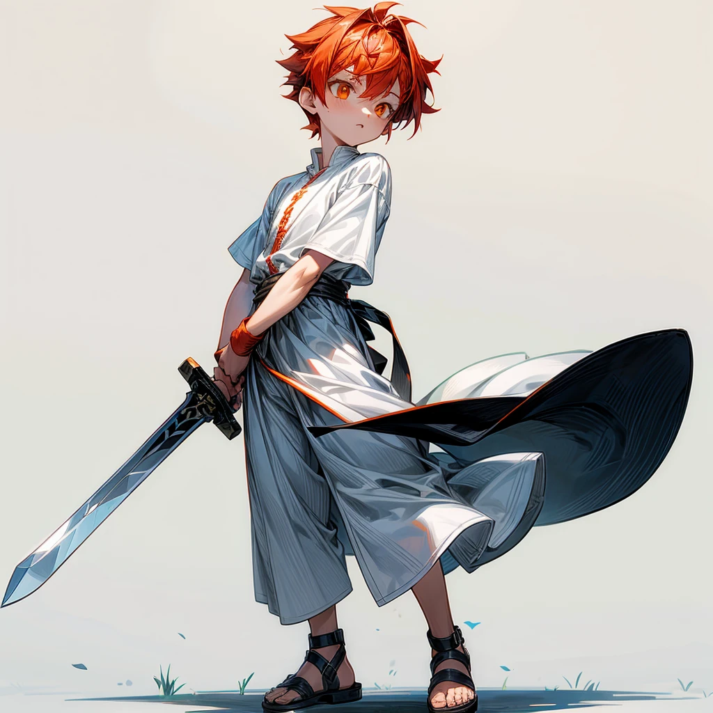 1little boys, Full body version, orange eyes, undercut hair, red colour hair, plain full white tunic Roman clothing, short sleeve shirt, gladiator sandals, plain sword in hand, Grassroots background