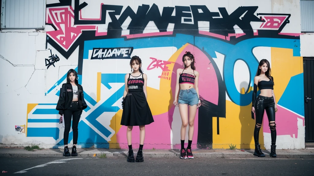 The four member kpop girl group standing together in a powerful stance, shoulder to shoulder, with their backs to a massive, graffiti-covered wall. The graffiti includes empowering words like "Dominate," "Strength," and "Power."
Colors: Dark tones for their outfits and the background, with vibrant colors in the graffiti to contrast and highlight their unity.