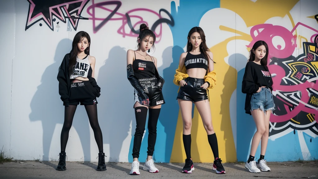 The four member kpop girl group standing together in a powerful stance, shoulder to shoulder, with their backs to a massive, graffiti-covered wall. The graffiti includes empowering words like "Dominate," "Strength," and "Power."
Colors: Dark tones for their outfits and the background, with vibrant colors in the graffiti to contrast and highlight their unity.