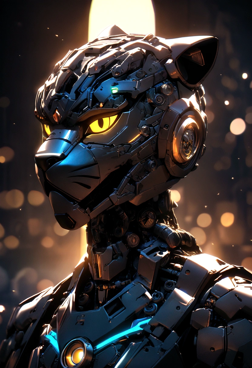 Highest quality, spectacular lighting, scary poses, fierce poses, spectacular atmosphere. panther helmet, head portrait, metal cat, cyborg ,cyberpunk style,mechanical intricate details, complicated details Too much detail, light bulbs, cinematic images, vignettes, background effects, bokeh, cats, full body shots.