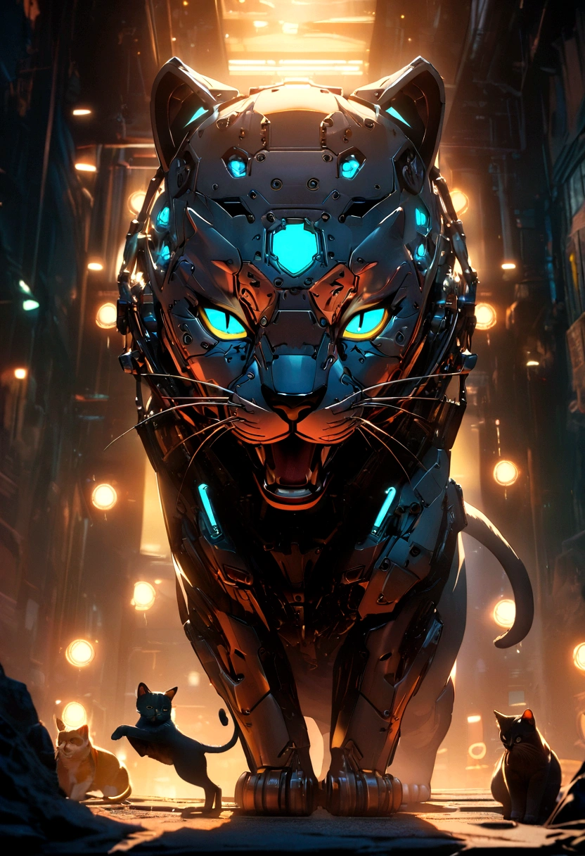 Highest quality, spectacular lighting, scary poses, fierce poses, spectacular atmosphere. panther helmet, head portrait, metal cat, cyborg ,cyberpunk style,mechanical intricate details, complicated details Too much detail, light bulbs, cinematic images, vignettes, background effects, bokeh, cats, full body shots.