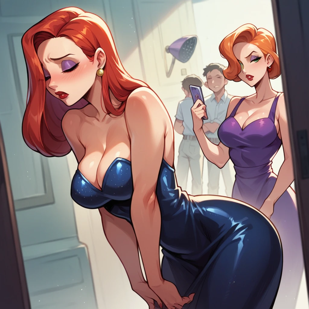 Jessica Rabbit is sad at a wake, she has big tits and a big ass, she dresses in a sexy black dress, like a widow, around there are several friends who have attended the wake