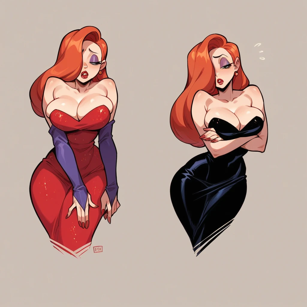 Jessica Rabbit is sad at a wake, she has big tits and a big ass, she dresses in a sexy black dress, like a widow, around there are several friends who have attended the wake