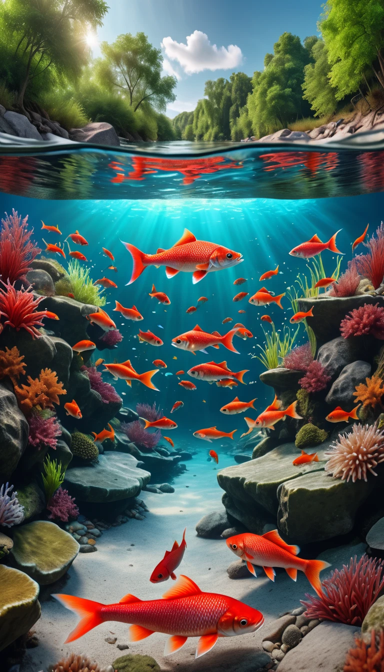 There are red fish at the bottom of the river,Panoramic front view(best quality,4K,8K,High level,masterpiece:1.2),Ultra Detailed,(lifelike,Photo real,Photo real:1.37),Highly detailed animals,Complex patterns,Realistic lighting,Fantasy Creatures