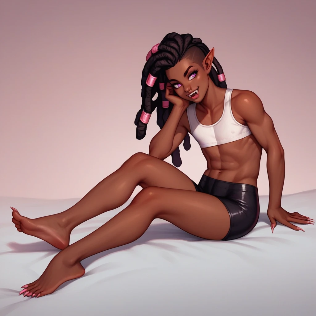Best quality, highly detailed, ultra detailed, 1 very Dark brown skin boy, chocolate skin, flat chest, male chest, curvy body, long pink dreadlocks, pink dreadlocks, pink eyes, pointy ears on sides, fangs, sharp nails, lipgloss, wearing white croptop, biker shorts, feet, booty, livingroo background