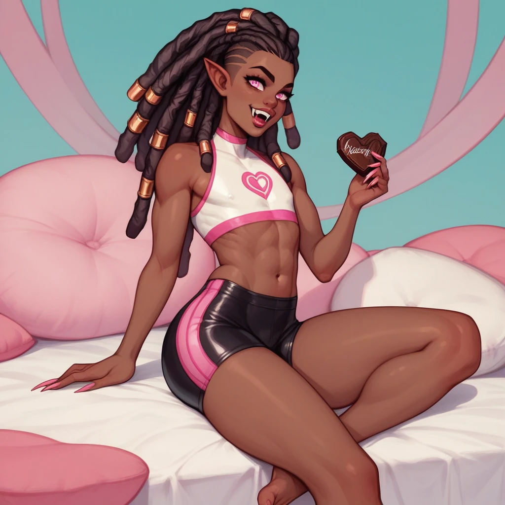Best quality, highly detailed, ultra detailed, 1 very Dark brown skin boy, chocolate skin, flat chest, male chest, curvy body, long pink dreadlocks, pink dreadlocks, pink eyes, pointy ears on sides, fangs, sharp nails,  lipgloss, wearing white croptop, biker shorts, feet, booty, livingroo background 