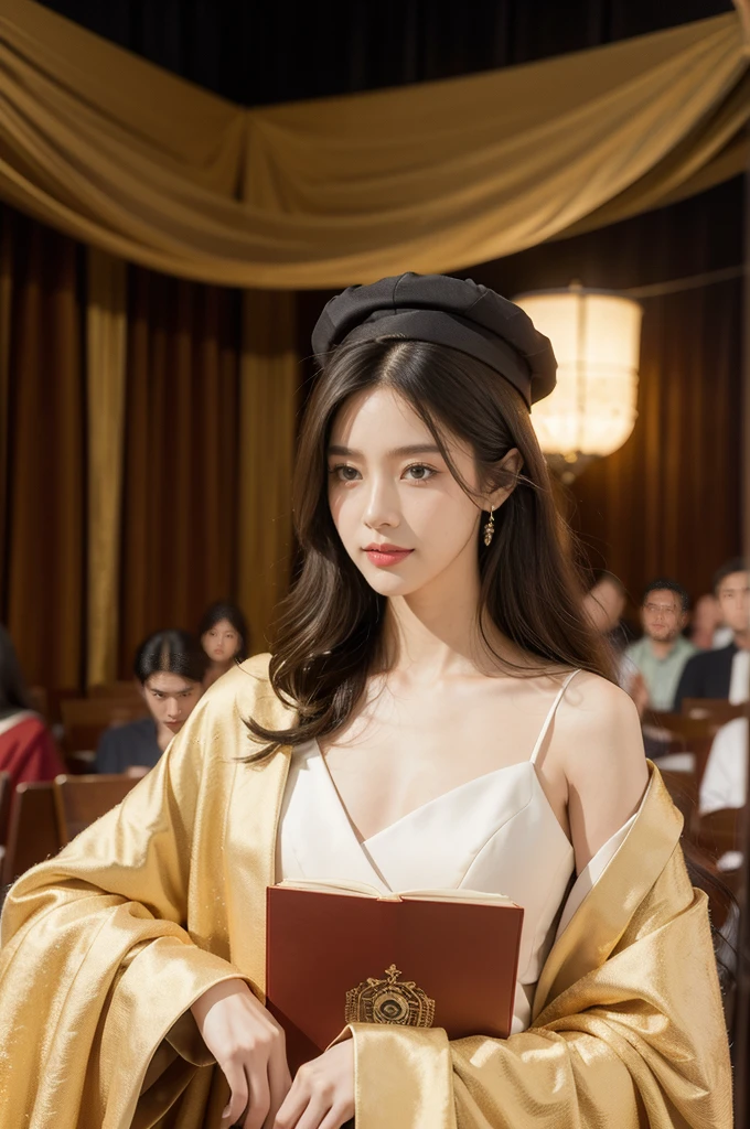 (((best quality))),(((ultra detailed))),(((masterpiece))),illustration,((1 young girl,solo)),((slim,thin)),((small breasts,flat chest)),stunning,((Square Doctor Hat,formal doctoral robe)),((shoulder length straight hair)),academic, authority, wisdom, hood, intricate patterns, peaceful, focused, radiant smile, sparkling eyes, rolled-up speech, poise, stage lights, aura of charisma, auditorium, high ceiling, rows of chairs, reverence, expectation, esteemed professors, scholars, traditional, academic excellence, stage, rich curtains, sharing knowledge, sense of occasion, large clock, ornate, passing of time, soft murmur, pride, celebration, accomplishment, doctoral hood, hard work, dedication, contribution, field, triumph, recognition, academic achievement, pursuit of knowledge, beauty, inspiration, success