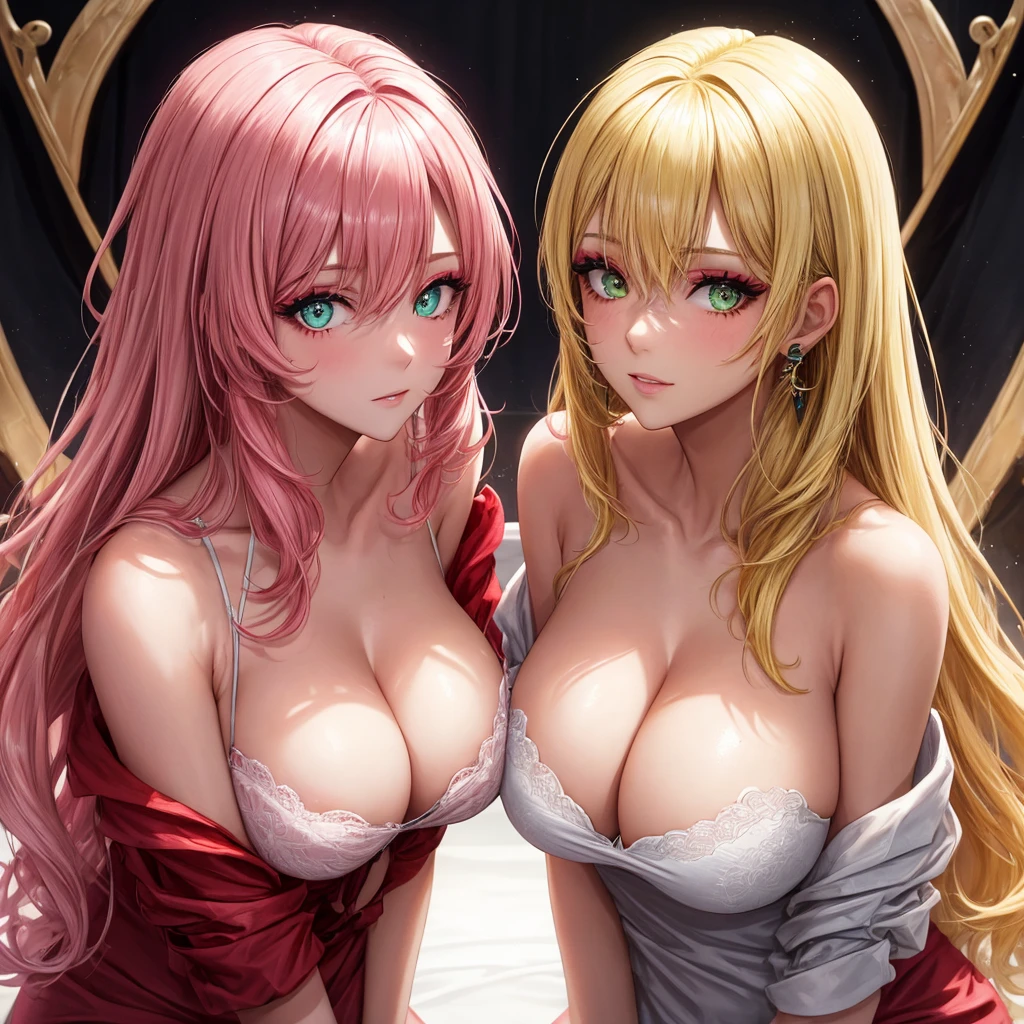 , (2girls:1.3), couple, blonde hair, pink hair, solo, long hair, light green eyes, mascara, makeup, looking at viewer, collarbone, cleavage, detailed eyes, (close up), gleaming skin, shiny glossy skin, big round breasts, busty