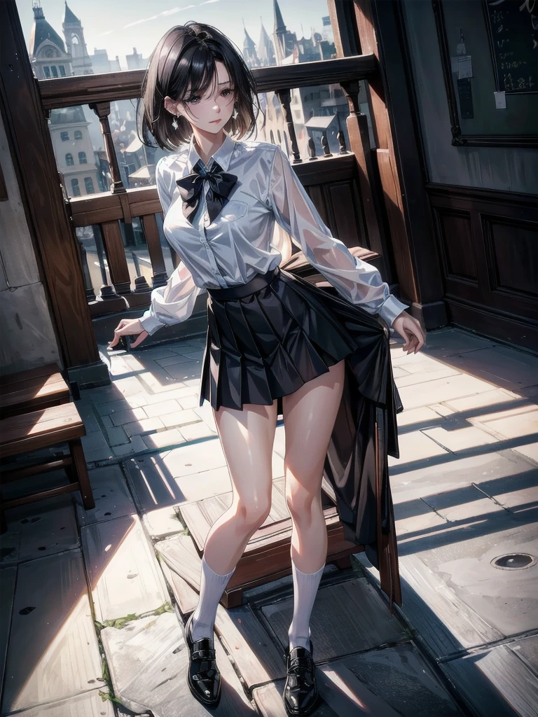 absurdres, RAW photo, extremely delicate and beautiful, masterpiece, Best Quality, ultra high resolution, 32k, hyperrealistic, realistic, photorealistic, photo-realistic, Real, ultra-detailed, Very detailed CG 8k wallpaper, detailed background, landscape, Beautiful Lighting, Perfect Lightning, Realistic Shadows, perfect anatomy, anatomically correct, ideal ratio body proportions, perfect figure, Perfect Style, Perfect balance, super Detailed skin, in her 30s, very Slim body, narrow waist, very small head, very small face, delicate facial features, handsome detailed woman, very detailed eyes and face, realistic face proportions, Realistic beautiful face, Realistic beautiful eyes, tearful mole, earring, full body from feet to top, very huge round tits, medium hair, asymmetrical hair, wavy hair, school_uniform, dress shirt, button shirt, skirt, tie,