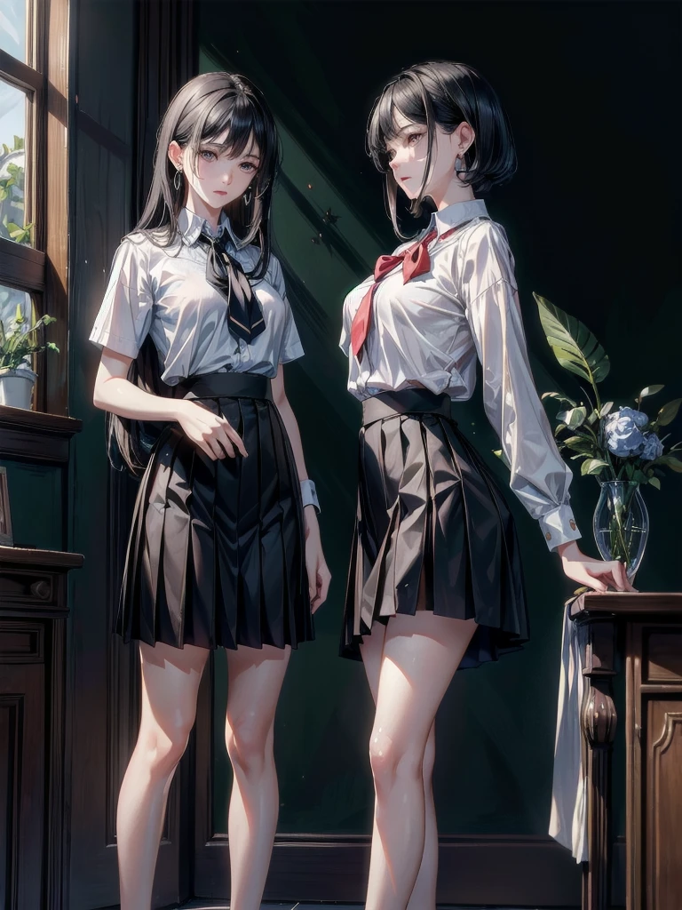 absurdres, RAW photo, extremely delicate and beautiful, masterpiece, Best Quality, ultra high resolution, 32k, hyperrealistic, ultra-detailed, in her 20s, delicate facial features, tearful mole, earring, medium breasts, full body shot, shorter middle hair, black hair, School_uniform, Skirt, 