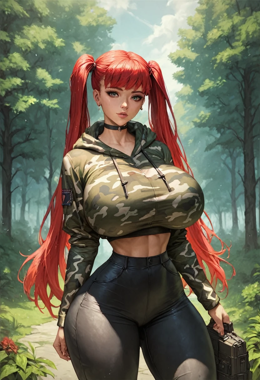 1girl, solo, masterpiece, best quality, detailed, narrow waist, wide hips, huge breasts, huge ass, score_9, score_8_up, score_7_up, red hair, twintails, long hair, forest, camouflage hoodie, black pants, tight clothes