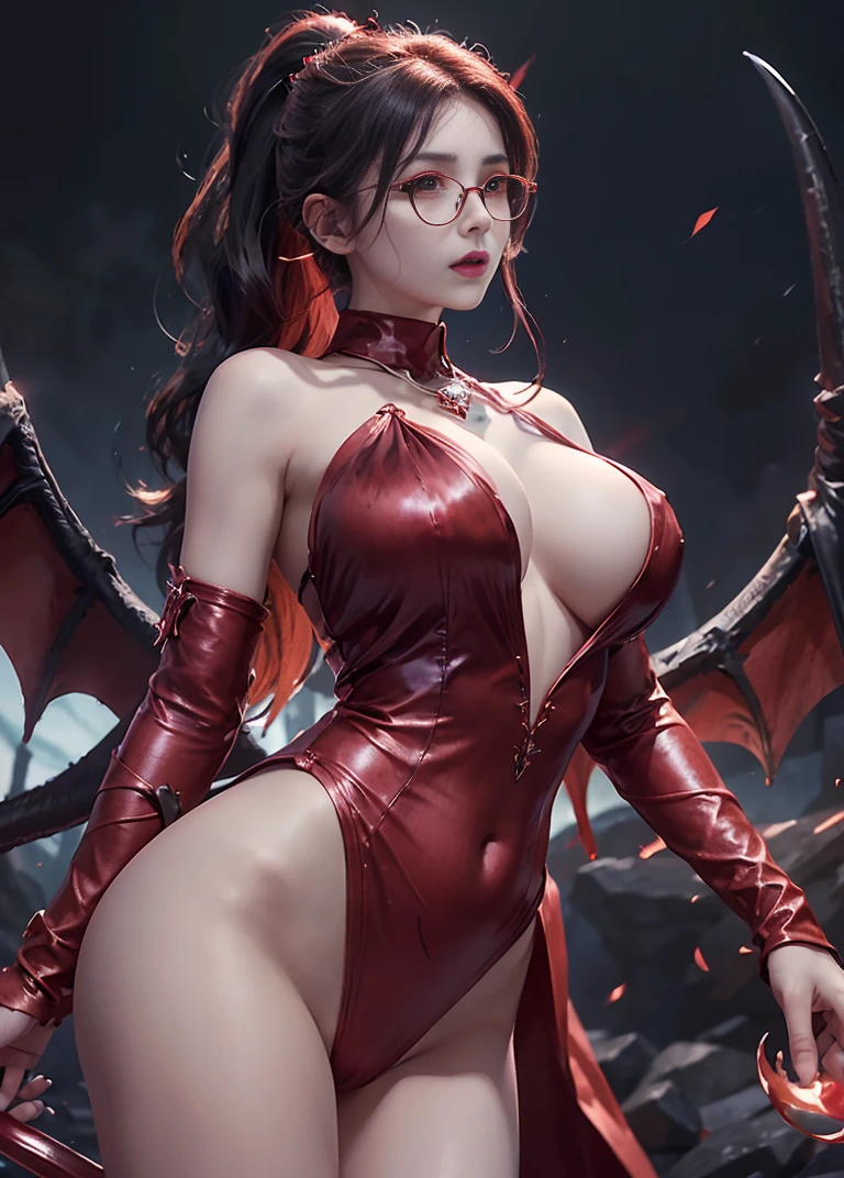 Good、(Best illustration)、UHD 8k resolution、intricate details、top quality、realistic、super detailed、Best lighting、Best shadows、Soft lighting、Ulutra HD、Dungeon and Dragon、cave、Dungeon、A Necromancer、natta、Dark style、Succubus、Devil's daughter、Bat wings，(((Hornlack demon-rimmed round glasses))))、(((Giant breasts)) )、(Devil's tail)、(glowing red eyes:1.6), masterpiece、beautiful face、Tindall effect、realistic image、(High detail skin:1.2)、8KUHD、Digital SLR、quality high 、 picture 、 high resolution 、 absurd 、 Ponytail deformation 、 best ratio four fingers and one thumb 、 女の子1人 、 hair jewelry 、Red sparkling gemstone necklace、jewelry 、Beautiful expression、Pumped up、nude with tattoos on chest 、ripped underwear revealing vagina、Large breasts emphasized、tattoo on chest 、Tight waist、Wide and plump ass、Effect Tindall、Photorealsitic、(High detailed skin:1.2)、pink nipples, pink pussy