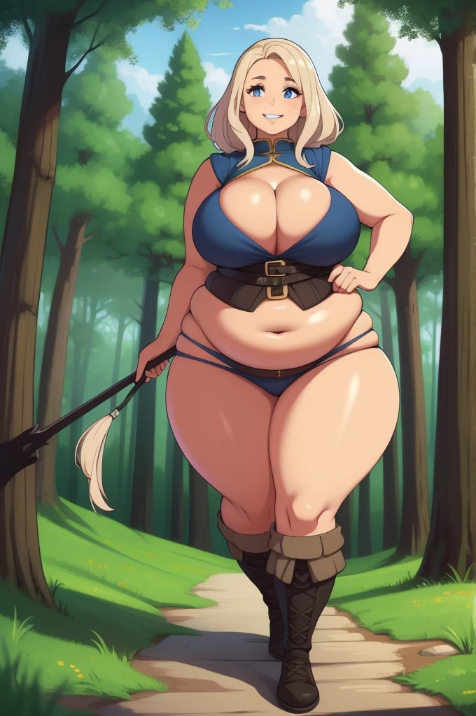 1woman, adventurer, medieval, walking through the forest , smiling, curvy, wide hips, thick, fat ass,