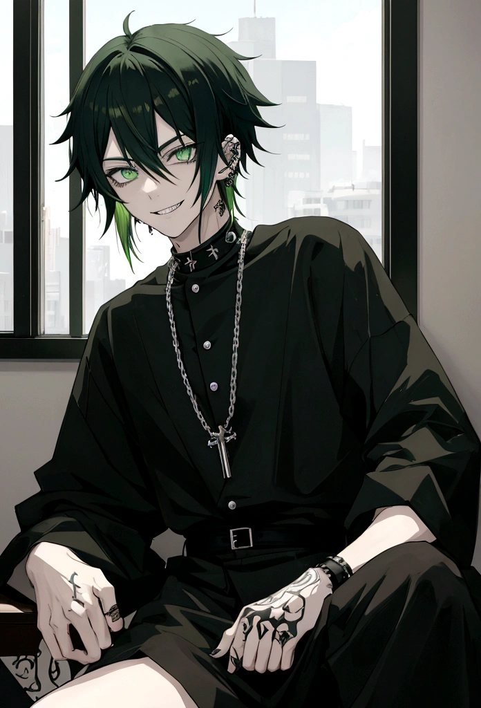anime, man with black an green hair and light grey eyes, lot of stitches on his face around his mouth, piercings, wearing black clothes, sitting on a windowsill, twilight behind him, evil smile