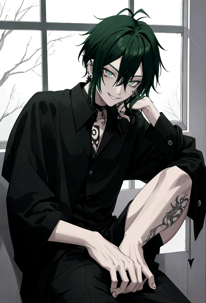 anime, man with black an green hair and light grey eyes, lot of stitches on his face around his mouth, piercings, wearing black clothes, sitting on a windowsill, twilight behind him, evil smile