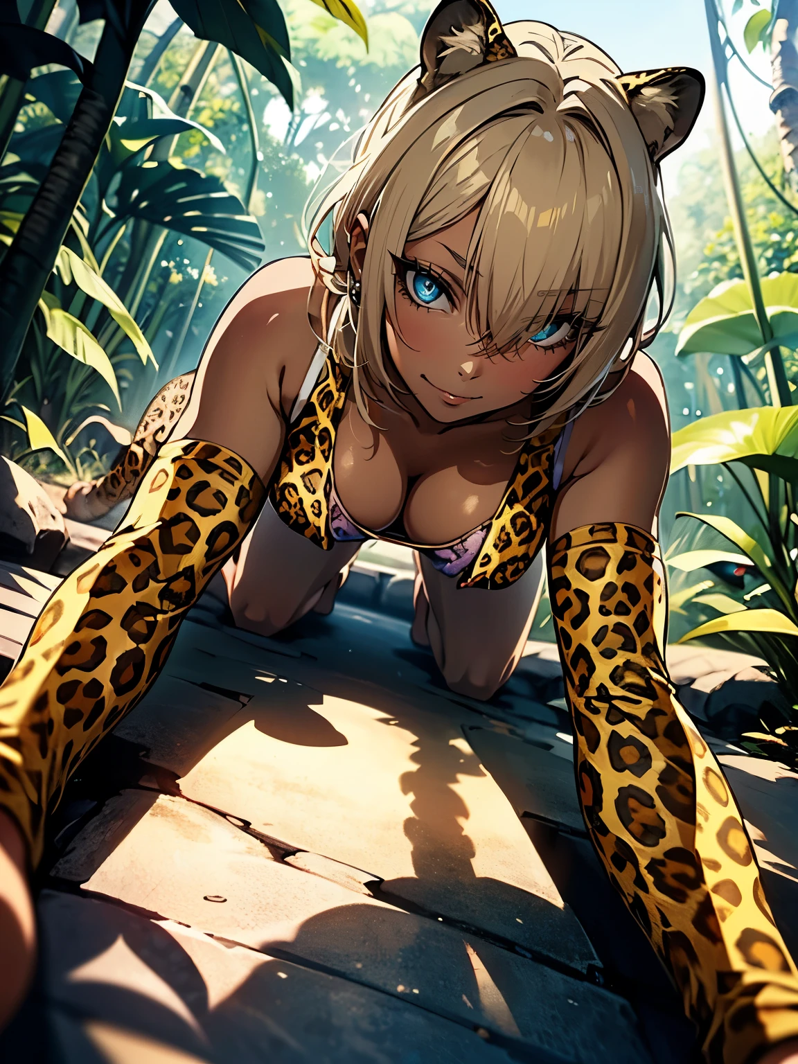 ((Seductive Anime lady:1.3, solo:1.5))、((fusion of leopard and lady:1.4))、((all fours, full body))、((yellow color, spats))、((dark skin))、blonde hair、((looking up at viewer))、((from above:1.2))、((wild:1.3))、((Being in jungle:1.3))、erect nipples、((underboob:1.3))、((crop top navel:1.2))、((cleavage))、((Slender body))、((sleeveless:1.2))、Glossy realistic skin texture、shiny skin、masterpiece, ultra-detailliert, 8k, hiquality, Top image quality, Smooth texture、watercolor