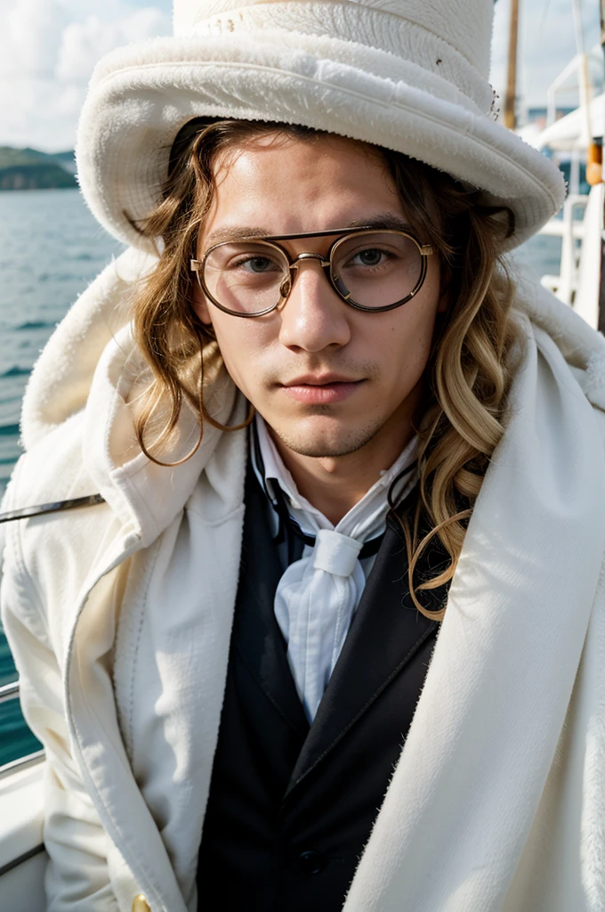 20-year-old male Top hat with goggles、Latin features、Big eyes、Curly hair、Blonde、Injury around the right eye、Long coat、White scarf、On the boat