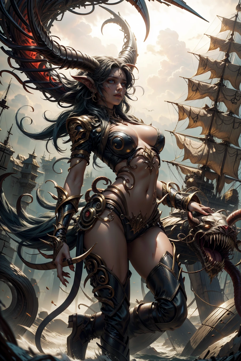 minotaur woman with horns, sexy on a pirate ship, fully body