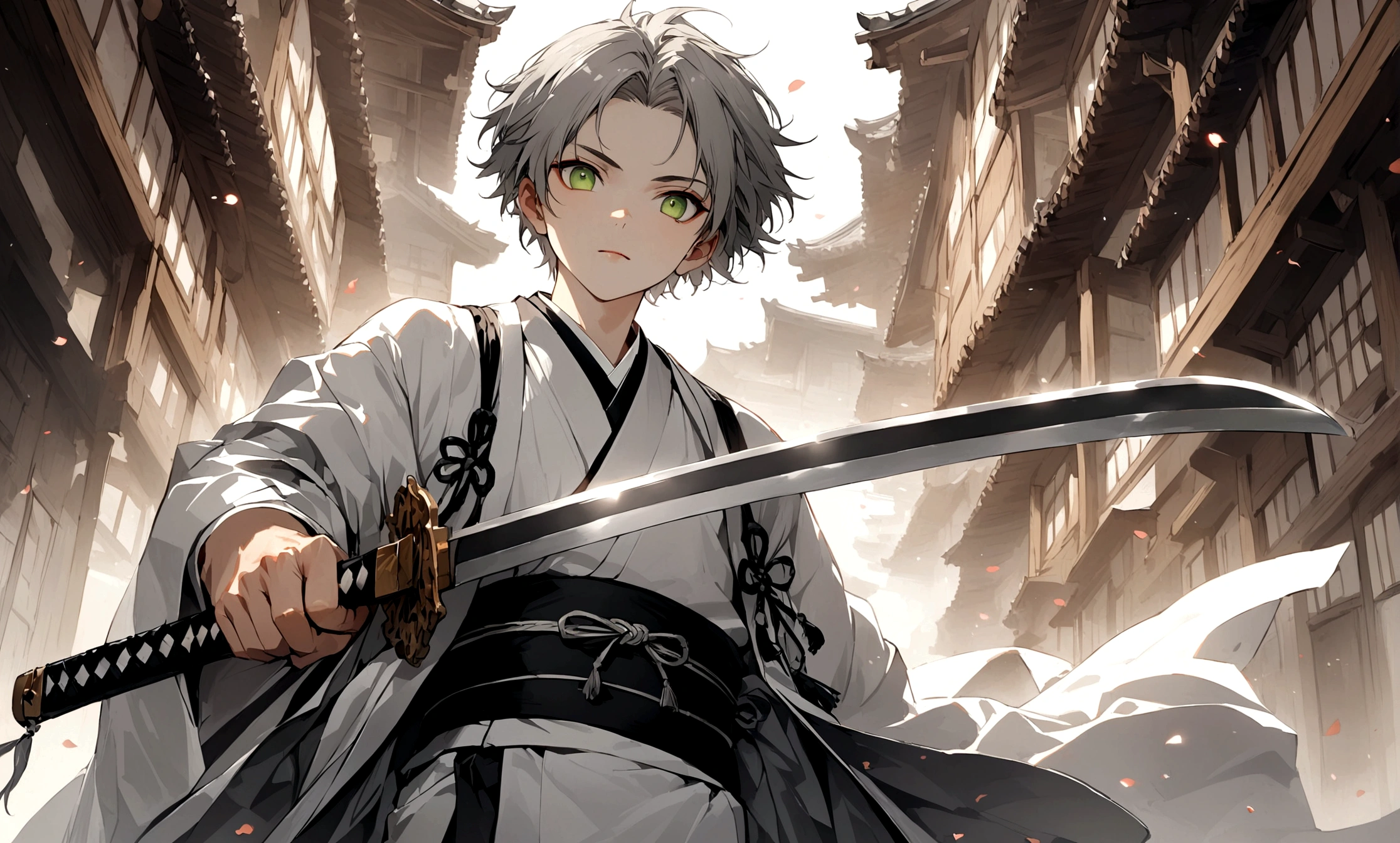 Young boy,18-year-old,Grey Hair,Center-parted bangs,Green Eyes,Holding a sword,Japanese Kimono