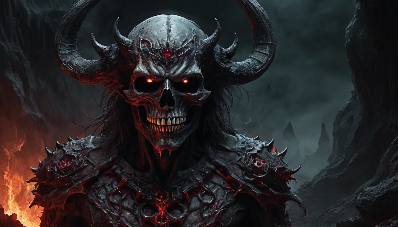 uma imagem mental aterrorizante de uma figura masculina de pura maldade imersa em um ambiente hediondo e hellish, obscure place coming from hell, dark ritual, appearance like a demon with sinister glowing eyes that evoke instant terror, evil beast, demon, demon, abyss, hellish, nether, CONVICTION, traje hellish que exala uma aura maligna e brilhante, carne, ossos, skull, bloodstains, ambiente ao redor como uma paisagem hellish, distorted shadows, agonizing, obscure, terrible nightmare, horor, demonic presence, bleed, log, abate, carnificina, butcher shop, highest quallity, 4K, best composition, Depth of field, blossom, lens 1.8, 25mm, work of art