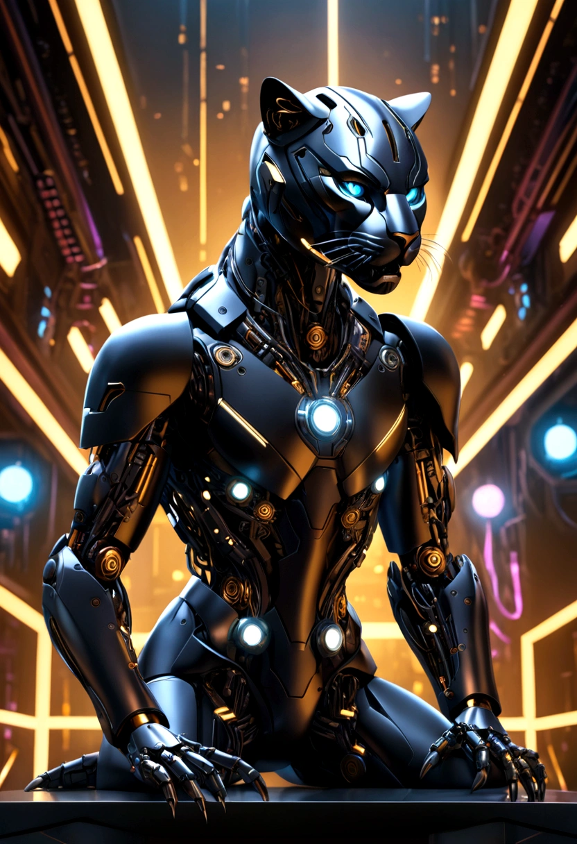 Highest quality, spectacular lighting, scary poses, fierce poses, spectacular atmosphere. panther helmet, head portrait, metal cat, cyborg ,cyberpunk style,mechanical intricate details, complicated details Too much detail, light bulbs, cinematic images, vignettes, background effects, bokeh, cats, full body shots.