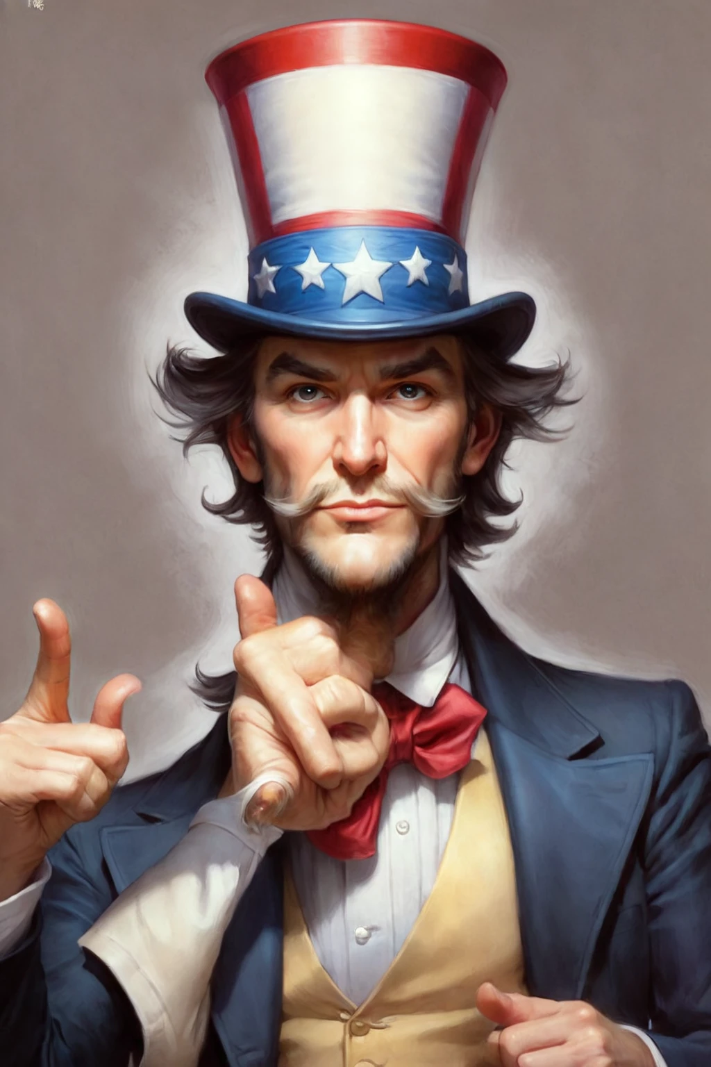 painting of a man in a top hat pointing at the camera, uncle sam, by Sam Spratt, stanley artgerm lau, artgerm greg rutkowski _ greg, by stanley artgerm, rob rey, style of stanley artgerm, steven artgerm lau, artgerm on artstation pixiv, by Randy Gallegos