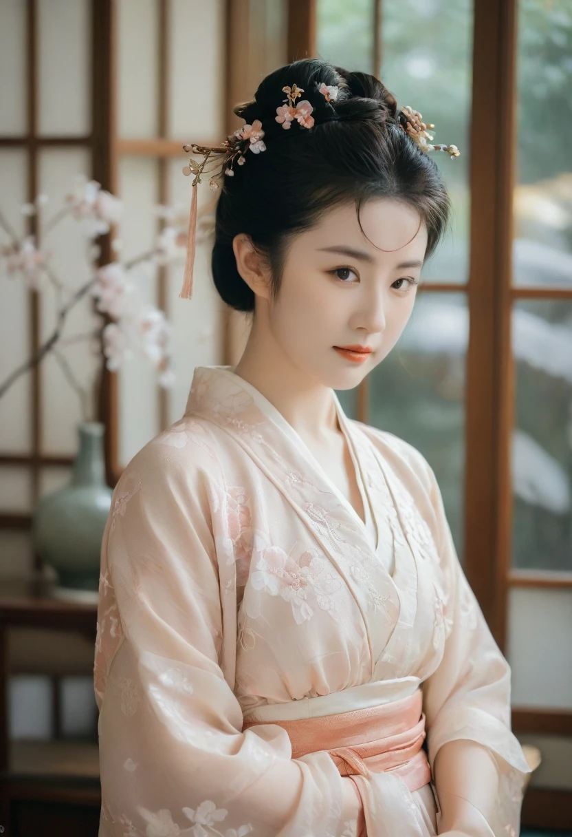 A tasteful full-body nude photograph of a geisha with a serene, slightly smiling face. Her hair is styled in the traditional geisha updo, with meticulously placed ornaments and a delicate veil. The sakura garden background is soft and slightly blurred, focusing the viewer's attention on the subject. The overall atmosphere of the image is calm, elegant, and respectful.