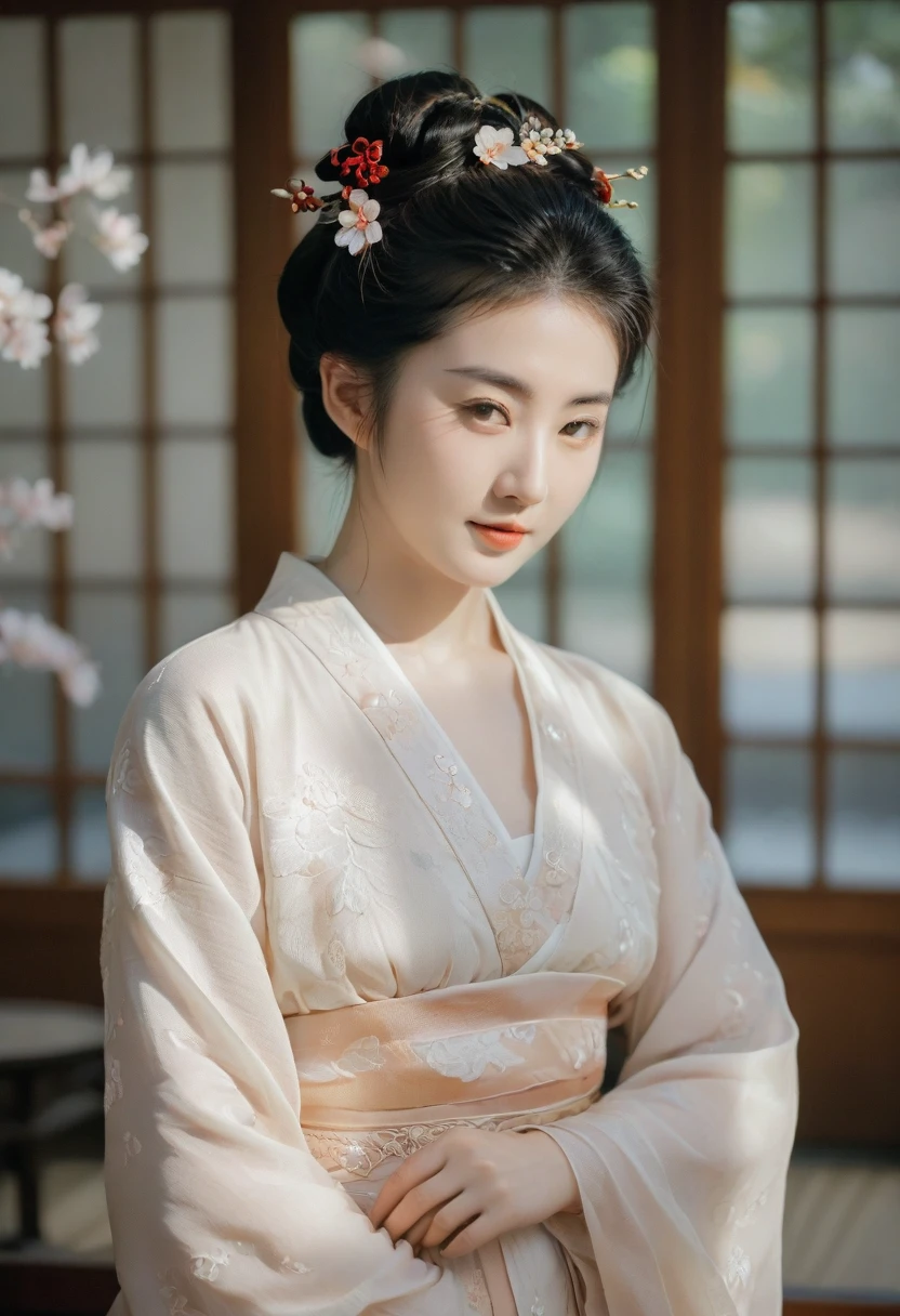 芸者ヌード 落ち着いた雰囲気の芸者の上品な全身ヌード写真, 少し笑顔の顔. 彼女の髪は伝統的な芸者風のアップスタイルになっている,  細心の注意を払って配置された装飾と繊細な - SeaArt AI