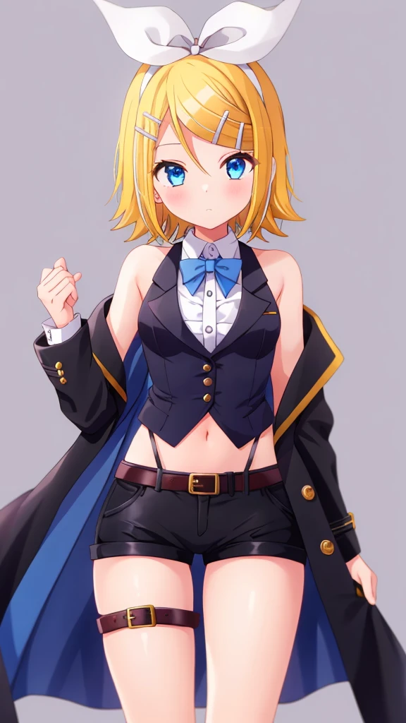 one girl, Kagamine Rin, cool, blue eyes, butler costume, black short pants, cross dressing, black coat, leg belt, fascinating thighs , cowboy shot