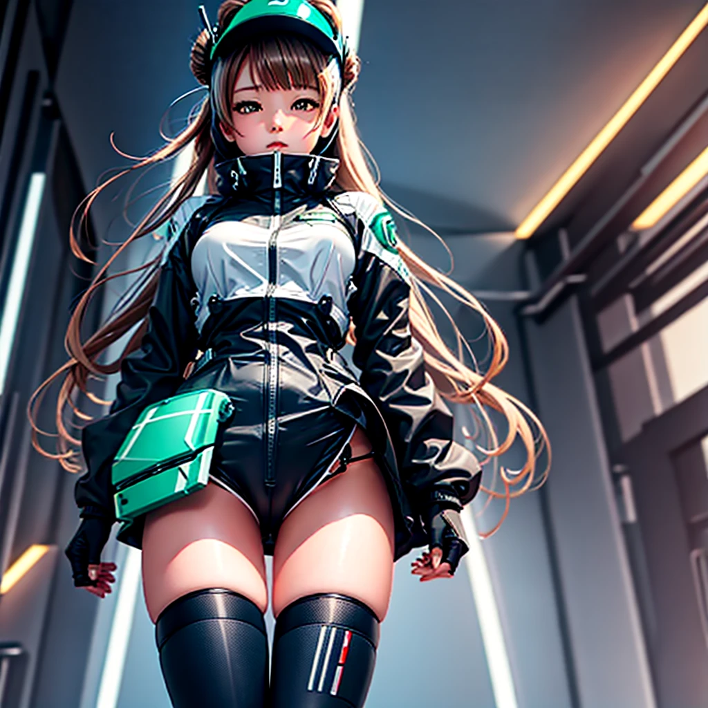 masterpiece, high quality, Gynoid Cyborg Body、The face is Minami Kotori、Minami Kotori, who has been remodeled into a girl-type mechanical body、Mecha Cyborg Girl、Single, frontal composition、Single image、from front, full body、Arms and legs wide open、Black Background