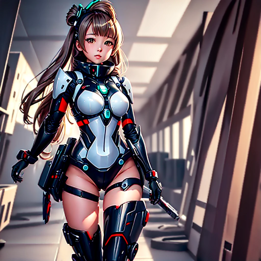 masterpiece, high quality, Gynoid Cyborg Body、The face is Minami Kotori、Minami Kotori, who has been remodeled into a girl-type mechanical body、Mecha Cyborg Girl、Single, frontal composition、Single image、from front, full body、Arms and legs wide open、Black Background