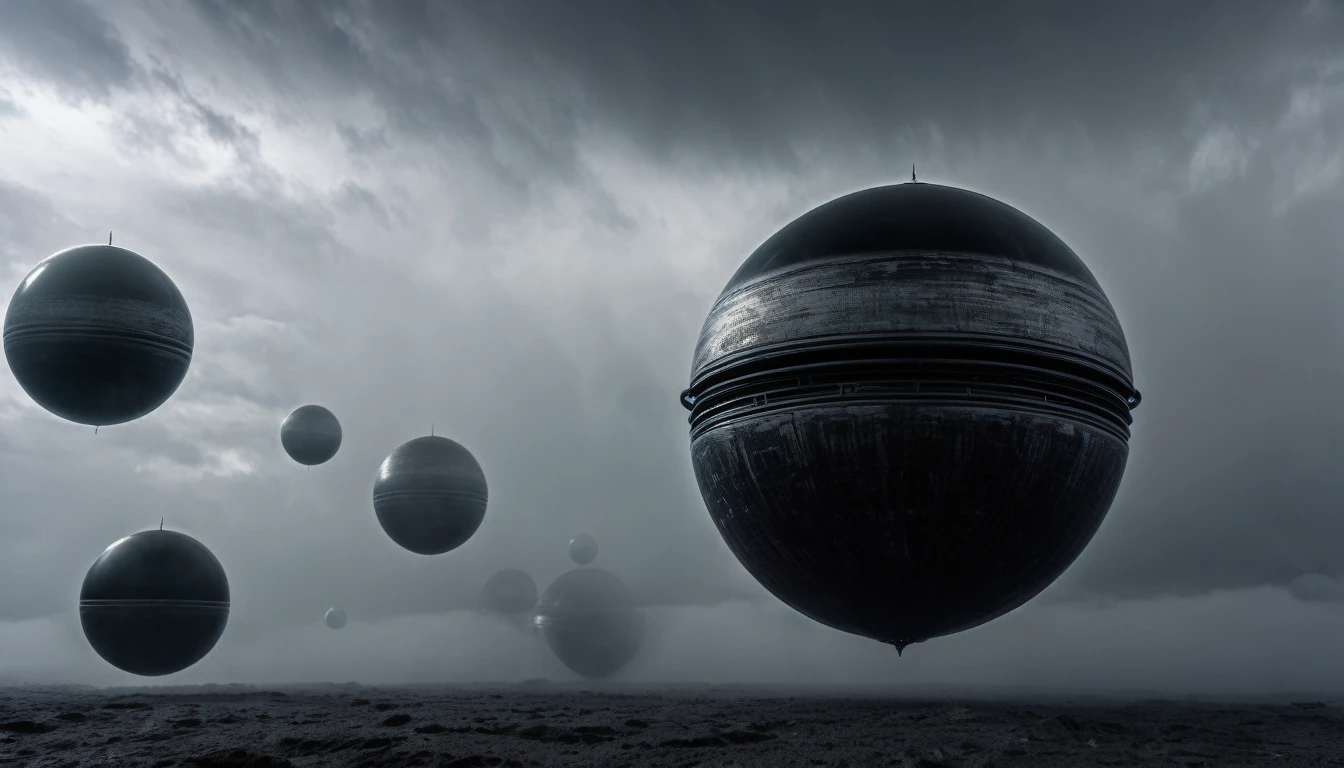 ON A STORMY GRAY DAY THE GIANT BLACK PLANETS ARE SEEN, R STYLE.h. GIGER VERY CLOSE, ALMOST TOUCHING. SHOWS GRAVITATIONAL FIELD ABSORBING AND RELEASING MATTER MUTUALLY, 4k image, ALTA RESOLUCIÓN E hÍPER REALISTA, FILM DAYLIGHTING, CLOUDY DAY WITH FOG