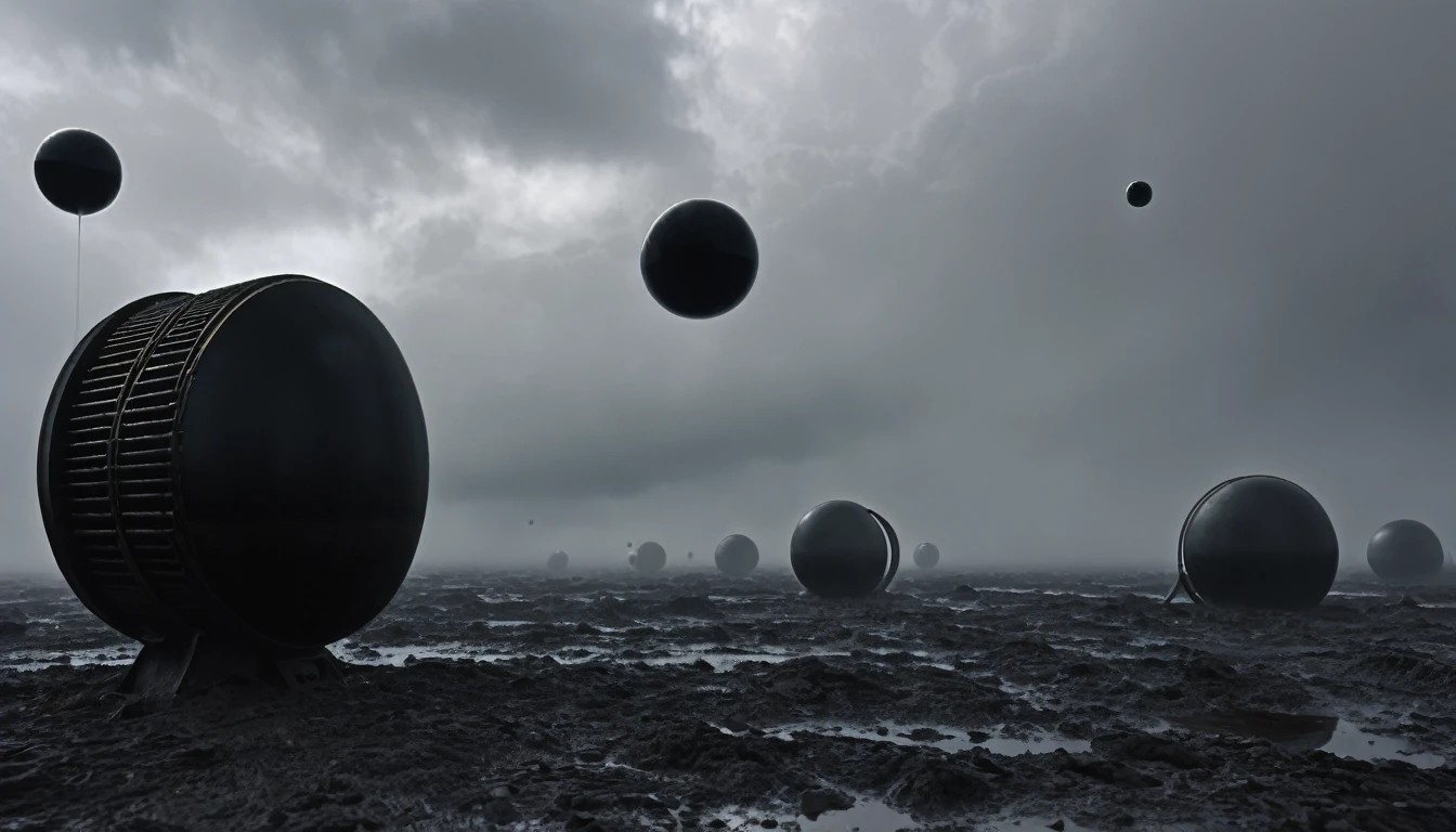 ON A STORMY GRAY DAY THE GIANT BLACK PLANETS ARE SEEN, R STYLE.h. GIGER VERY CLOSE, ALMOST TOUCHING. SHOWS GRAVITATIONAL FIELD ABSORBING AND RELEASING MATTER MUTUALLY, 4k image, ALTA RESOLUCIÓN E hÍPER REALISTA, FILM DAYLIGHTING, CLOUDY DAY WITH FOG
