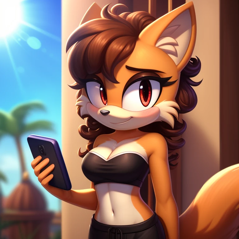 mobian, solo, hedgehog, two-tone fur ((orange fur, brown fur)), strapless crop top, baggy pants, cleavage, two-tone hair (brown hair, black tip)), curly hair, halo, sunglasses, jewelry, red eyes, longeyelashes, red eyes, smile, shy, blush, holding phone, high detail, masterpiece, UHD, anatomically correct, super detail, highres, 4K