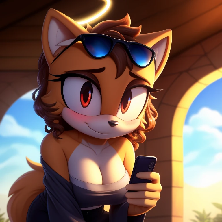 mobian, solo, hedgehog, two-tone fur ((orange fur, brown fur)), strapless crop top, baggy pants, cleavage, two-tone hair (brown hair, black tip)), curly hair, halo, sunglasses, jewelry, red eyes, longeyelashes, red eyes, smile, shy, blush, holding phone, high detail, masterpiece, UHD, anatomically correct, super detail, highres, 4K