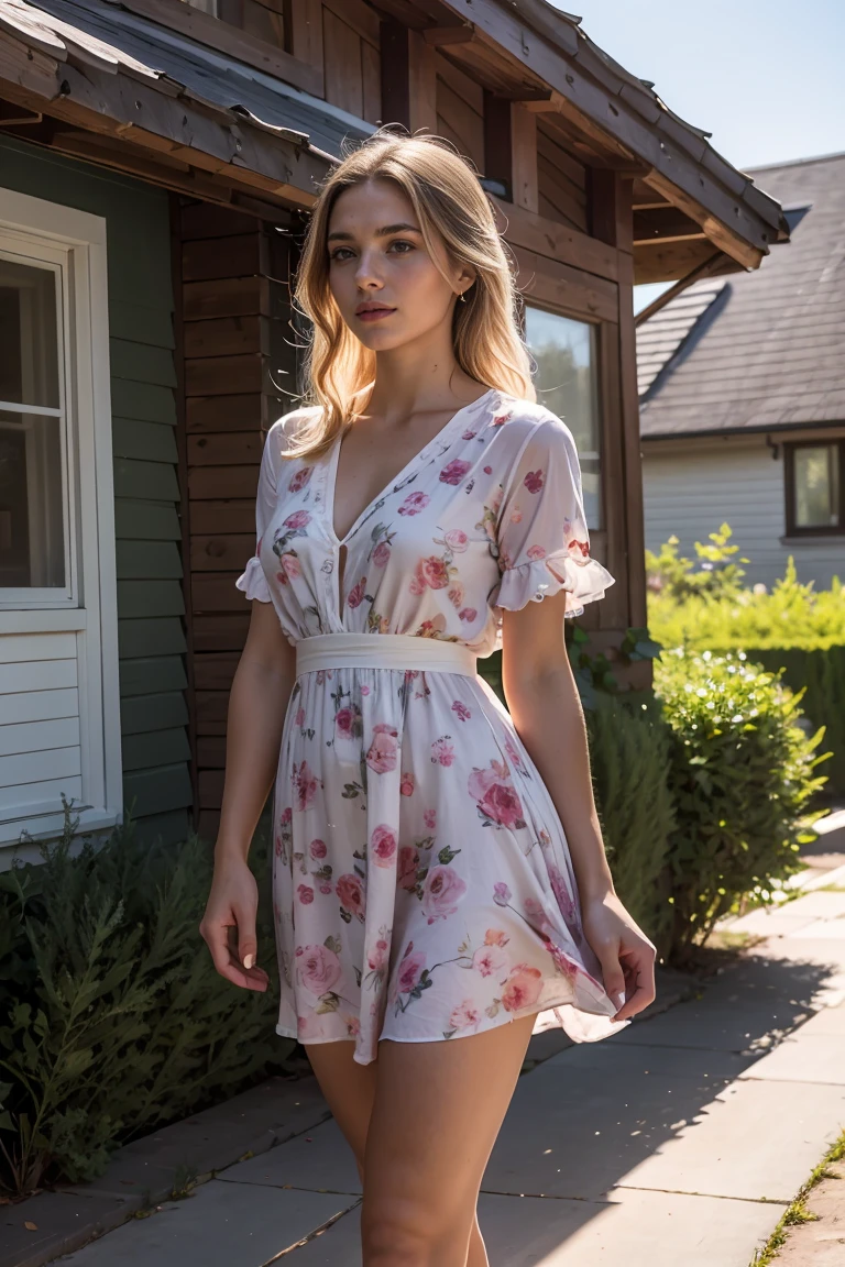 A beautiful woman with light delicately filtering through her hair, her summer dress is beautiful and she's standing in front of a cottage