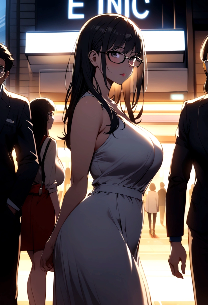 In front of an urban station like Shinjuku、Woman with long black hair、Big Breasts、Tight white dress、Glasses