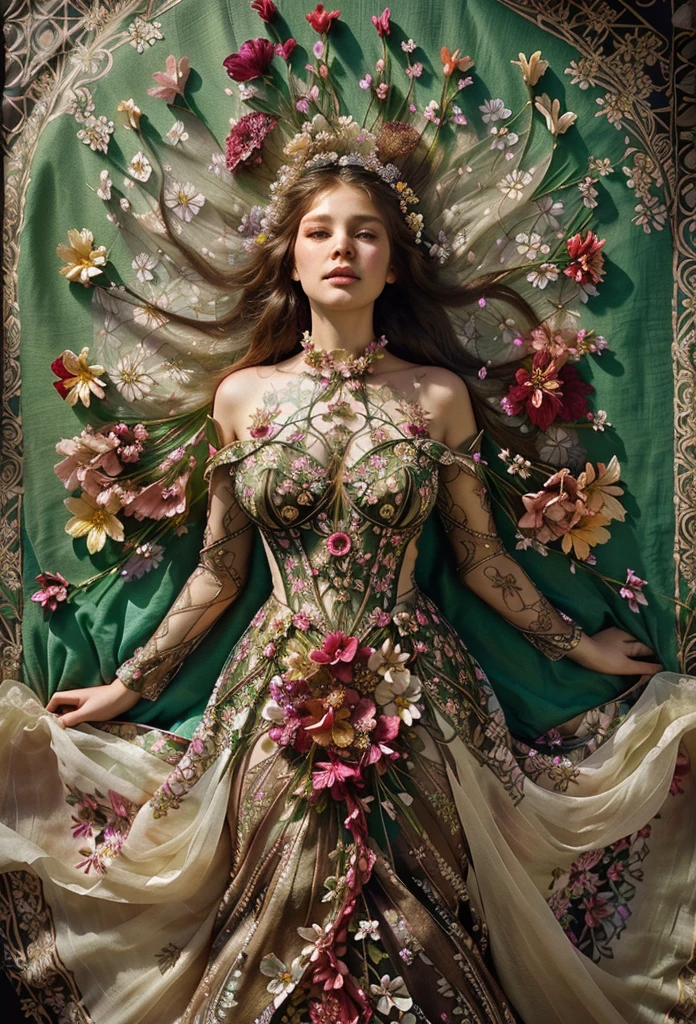 a woman in a dress with flowers on it laying down, lady with glowing flowers dress, covered with flowers, fine art fashion photography, intricate costume design, woman in flowers, intricate gown, flower storm portrait, fine art fashion magazine style, flower goddess, floral couture, covered in flowers, art nouveau fashion photography, ornate dress, an intricate dress, inspired by james christensen