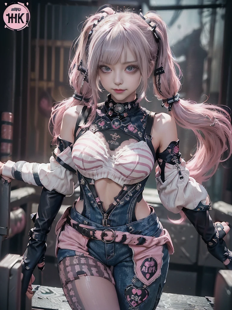(Full Body View:1.4)、(Full body:1.3)、(Smiling with teeth showing:1.3),(Shibuya Gal:1.5)、(Gravure idol:1.3)、(Gothic Lolita style fashion:1.5)、(Punk RockVisual Kei:1.5)、(Wearing a rhythmic gymnastics bodysuit with intricate details:1.4)、(Racing suit and pants with intricate decorations in magenta, denim and wine red:1.5)、(Red, brown and white boots:1.3)、((belt))、(Numerous delicate logo marks all over the costume:1.4)、(collar:1.3)、(Striped underwear:1.5)、20-year-old、NSFW、((Highest quality、In 8K、masterpiece:1.3))、Sharp focus:1.2、(Layered Cut、Huge boobs:1.1),Beautiful woman with perfect figure:1.4、(Doing an aerobics pose:1.3)、Slender Abs:1.2、Highly detailed face and skin texture、Detailed eyes、double eyelid,(Twin tails:1.3)、(Pink and cream hair:1.3)、Gravure idol、(The background is the stage of the fashion show:1.3)、(Slim body:1.3),(Make your legs thinner:1.4),（clavicle:1.1）、(Thin and slim thighs:1.3)