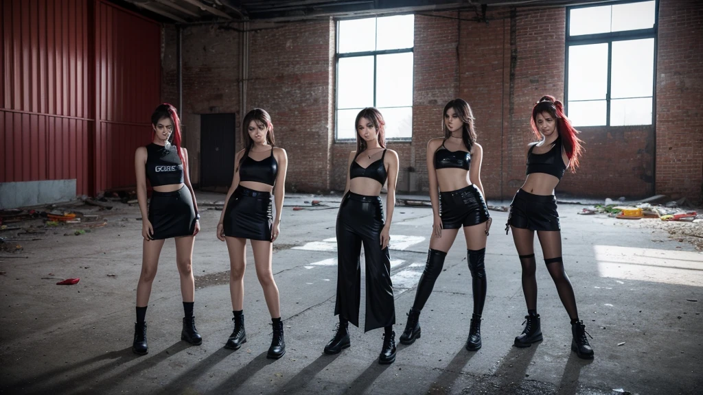 4 girls from a girl group inside an abandoned warehouse posing together with a dominate pose. Dark edgy clothes and hairstyles. Red light peaks throuth the windows