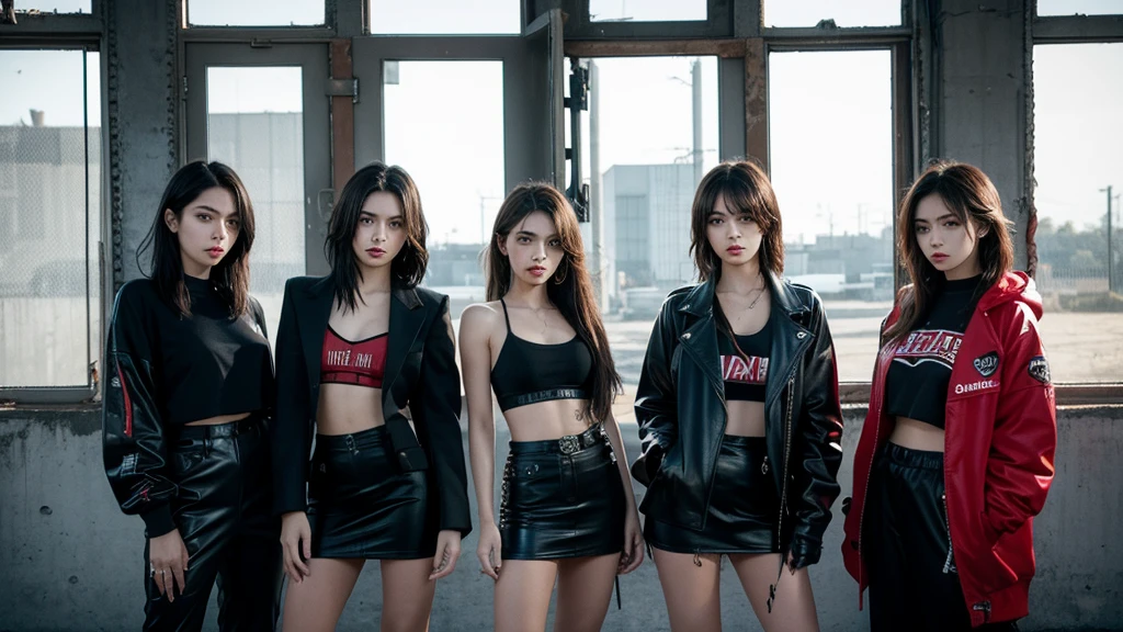 4 girls from a girl group inside an abandoned warehouse posing together with a dominate pose. Dark edgy clothes and hairstyles. Red light peaks throuth the windows