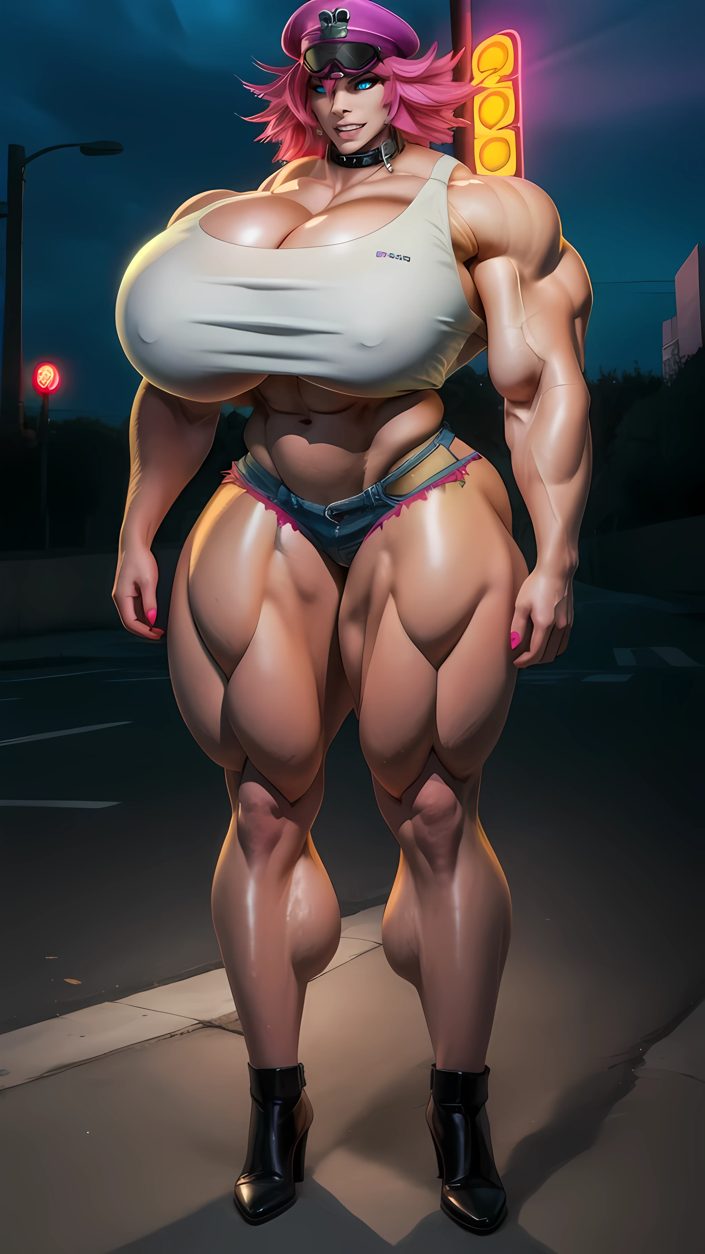 poison, (Full Body:1.3), pink hair,blue eyes,short hair,white crop top,single elbow glove,collar,short shorts,(Tall:1.5), (Long Legs:1.8), Muscular Legs:1.8, (Wide Hips:1.3), (massive female bodybuilder), (Huge Breasts:2),
peaked cap,
upper body,standing,smile,looking at viewer,
night,neon lights, streets,
(insanely detailed, masterpiece, best quality),solo,